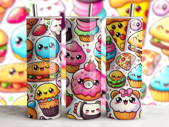 Cute Kawaii Food Pattern Tumbler Wraps Graphics
