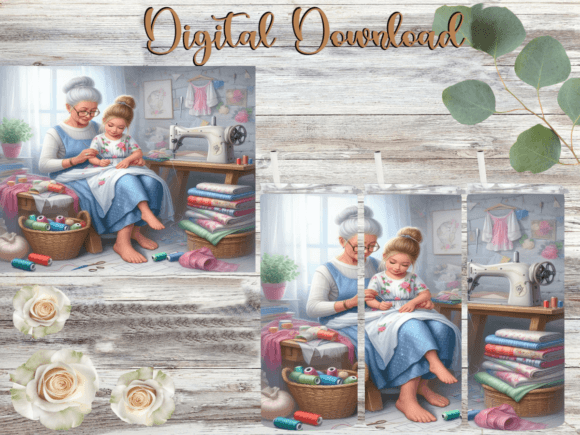 Sewing Grandmother and Granddaughter Graphics for Tumbler Wraps