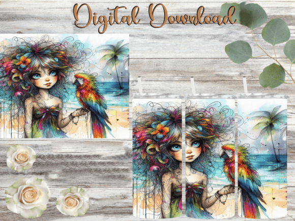 Whimsical Girl and Parrot Tumbler Graphics